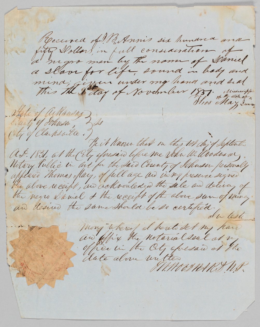 Nota fiscal de venda de um homem chamado Daniel para Jerome B. Annis, 1º de novembro de 1851. de Thomas May