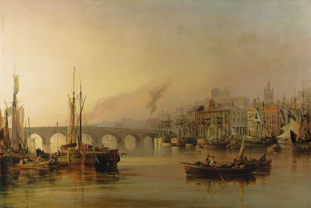 Vista de Newcastle a partir do rio Tyne, com remessa em primeiro plano, 1831 de Thomas Miles Richardson