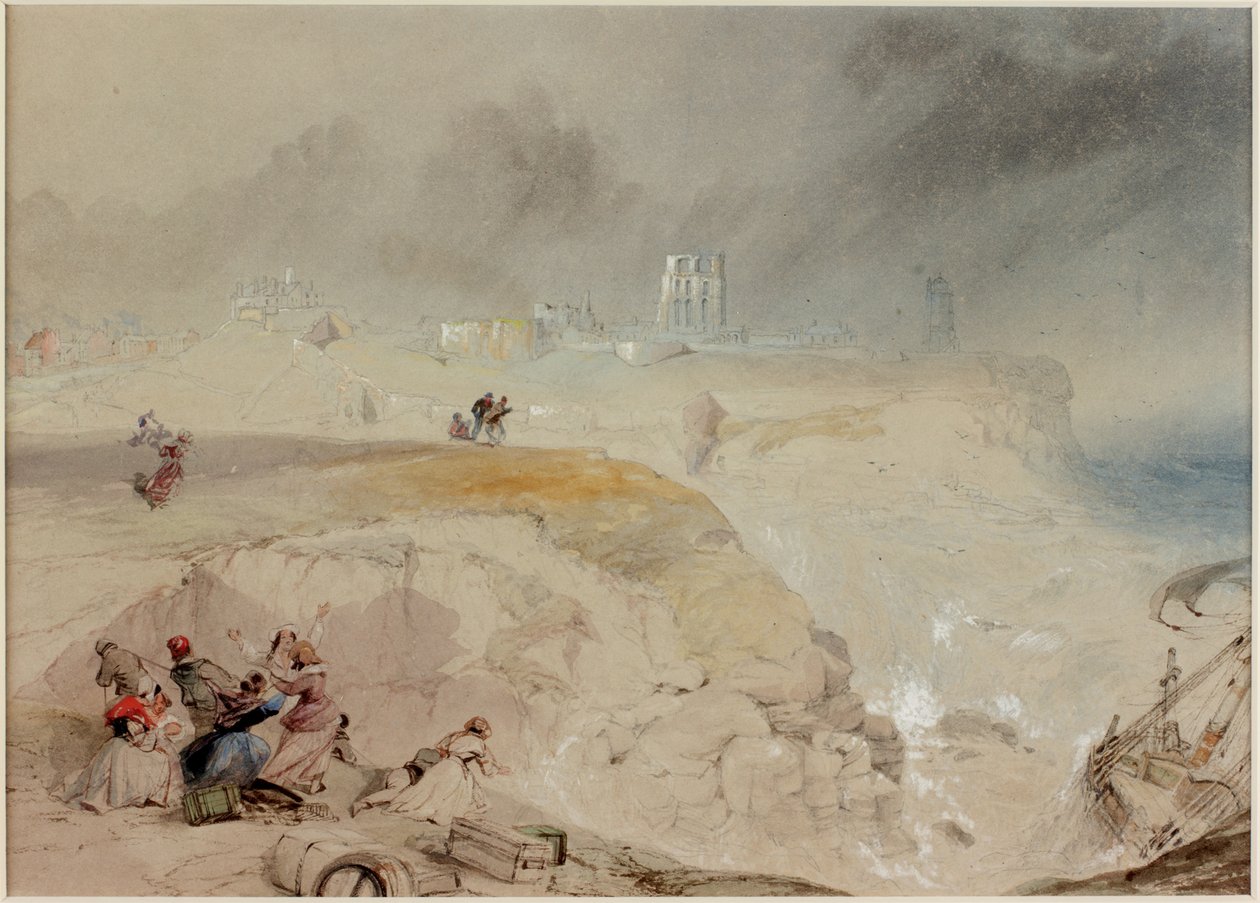Naufrágio do Betsy Cains nas rochas em Battery Point, Tynemouth (bodycolour e lápis e aguarela sobre papel (a bordo)) de Thomas Miles Richardson