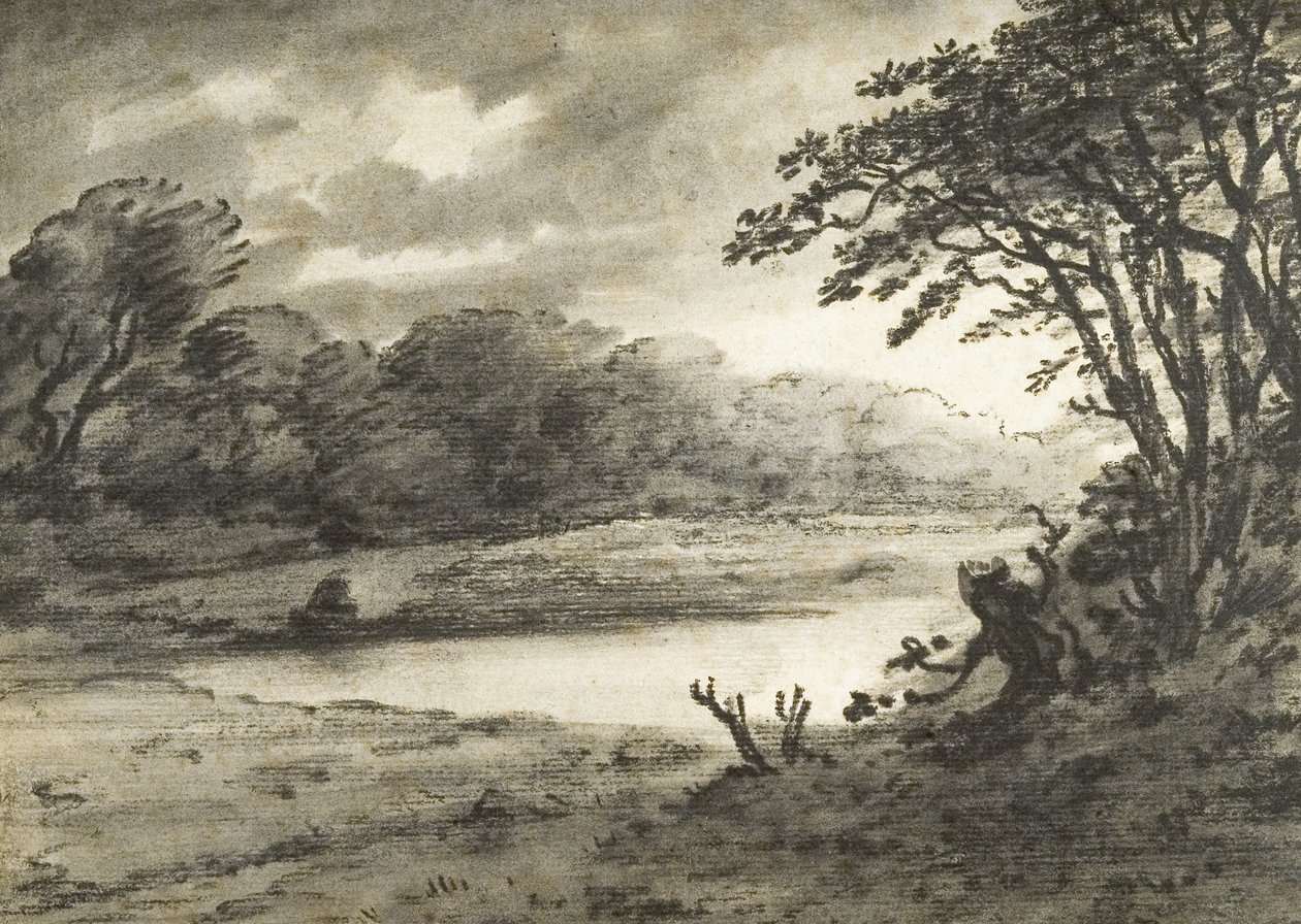 Cena de um lago (carvão e aguada sobre papel) de Thomas Monro