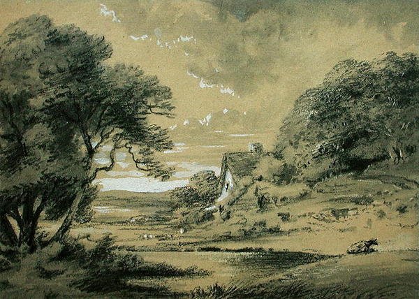 Paisagem com casa de campo à beira do rio (carvão vegetal, lavagem e corpinho sobre papel) de Thomas Monro
