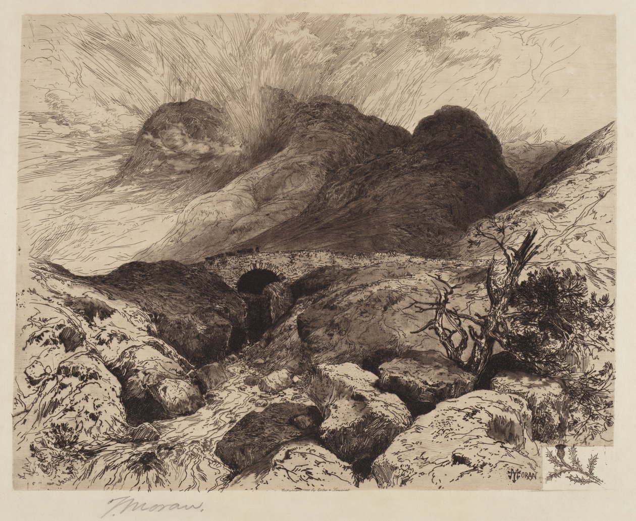 Ponte na passagem de Glencoe—Escócia de Thomas Moran