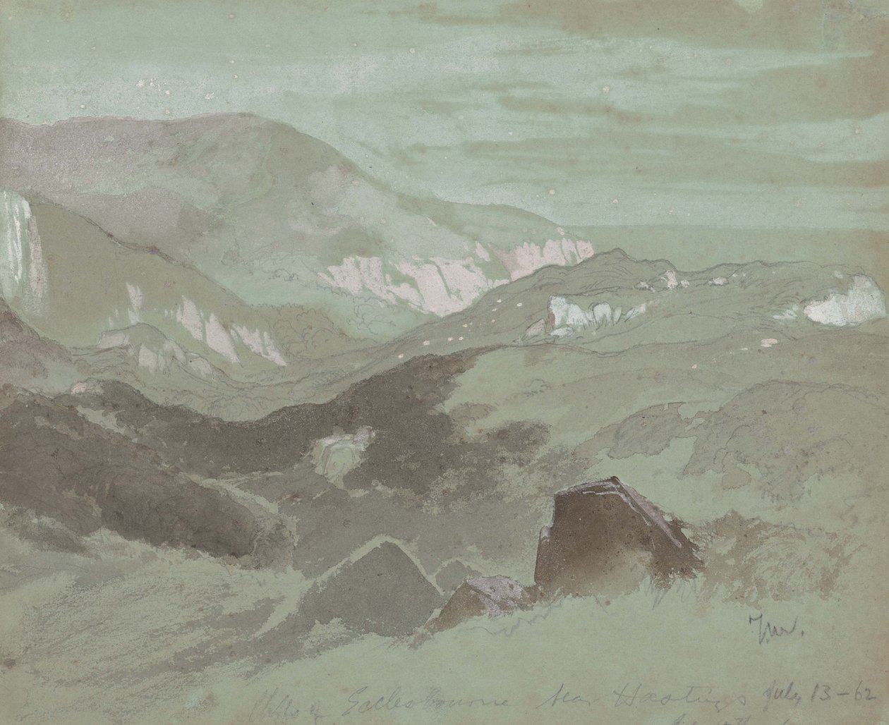 Falésias de Ecclesbourne perto de Hastings, 1862 (grafite com lavagem em papel cinza) de Thomas Moran
