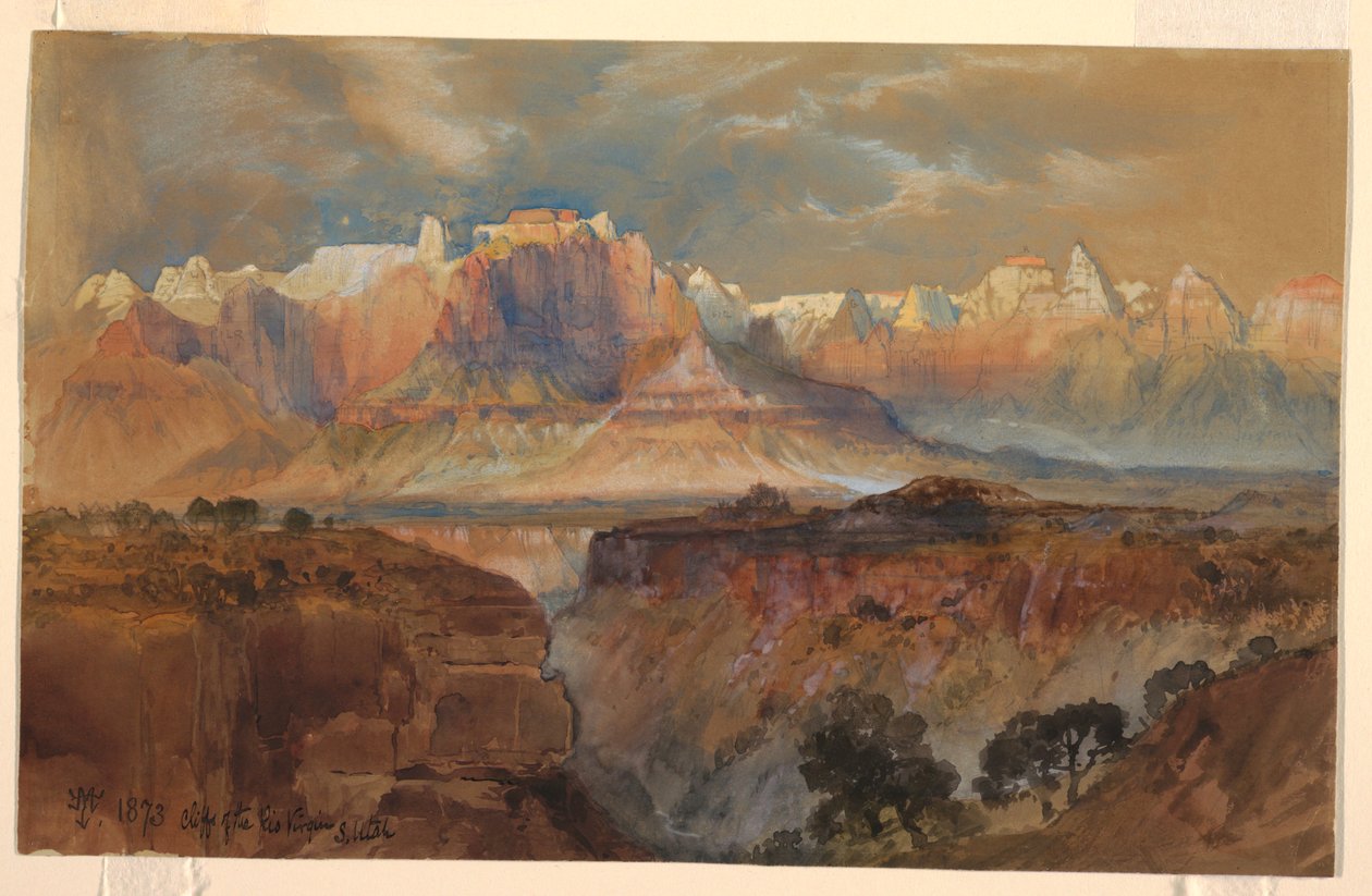 Desenho, Penhascos do Rio Virgin, Sul do Utah, 1873 de Thomas Moran