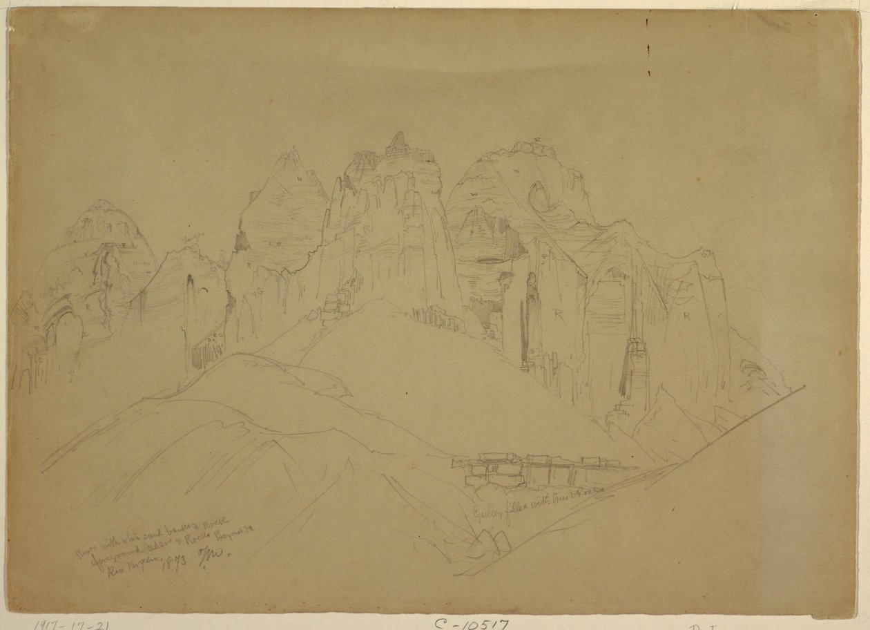 Desenho, Rio Virgin com grandes formações rochosas, 1873 de Thomas Moran