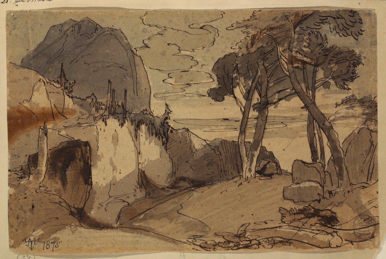 Desenho, Estrada numa paisagem de montanha, 1875 de Thomas Moran