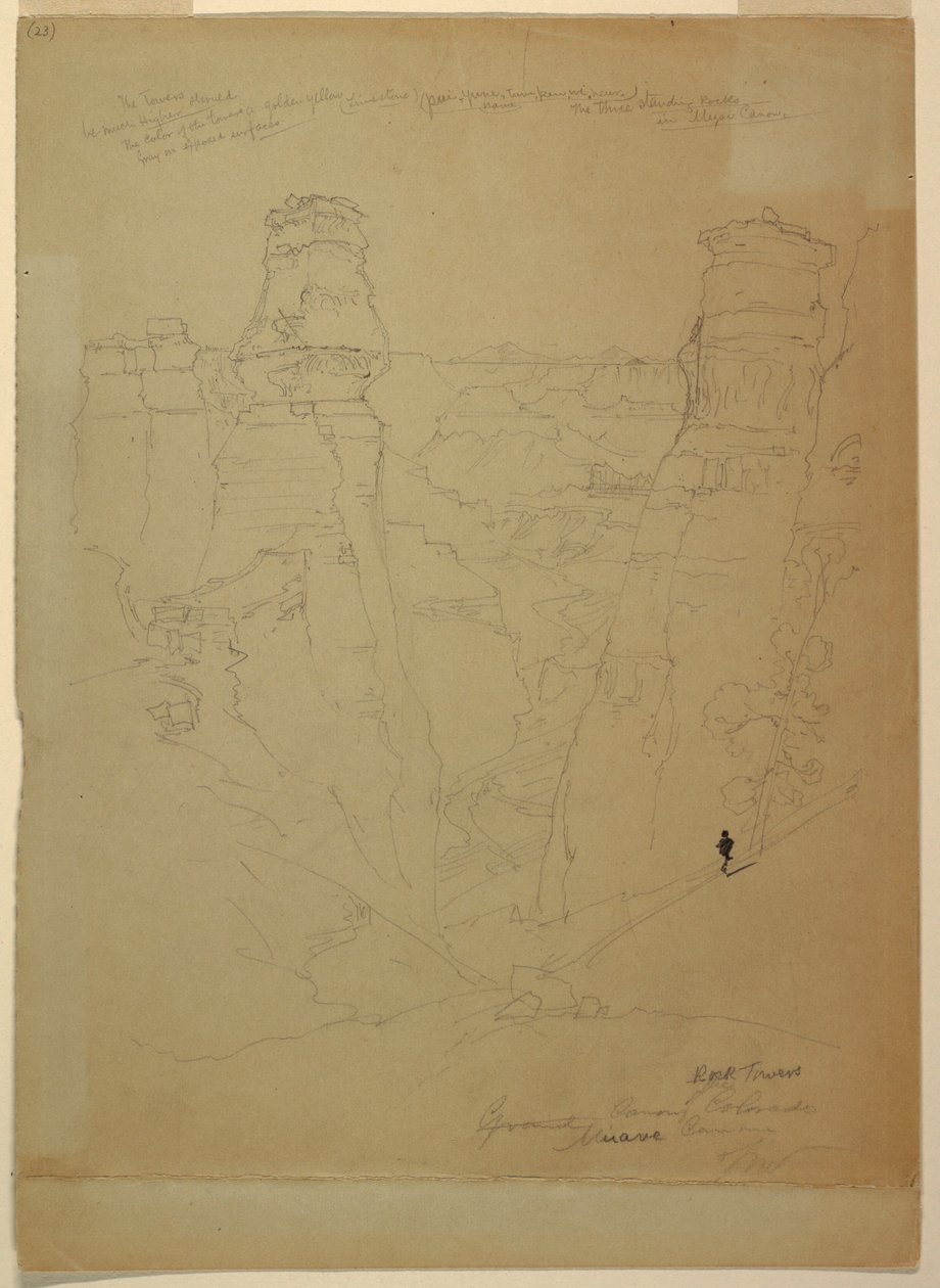 Desenho, Torres de rocha no desfiladeiro Muave [Muav], Colorado, 1873 de Thomas Moran