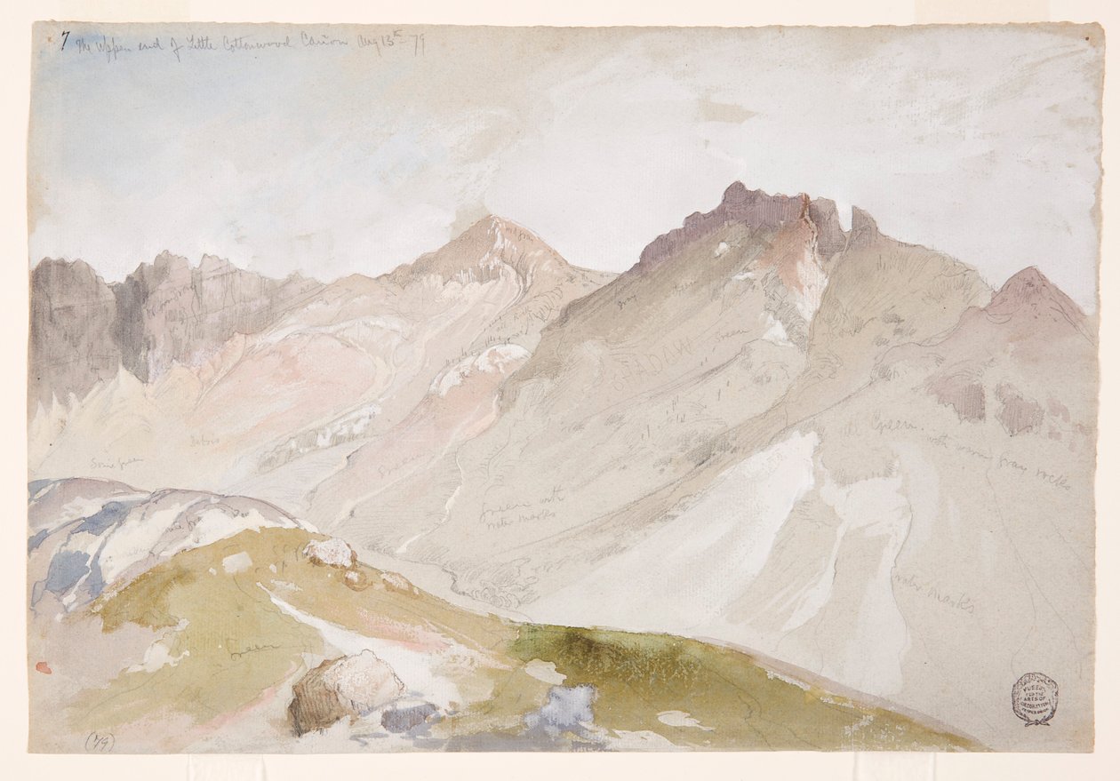 Desenho, The Upper End of Little Cottonwood Canyon, Wasatch Range, perto de Ogden, Utah, 13 de agosto de 1879 de Thomas Moran