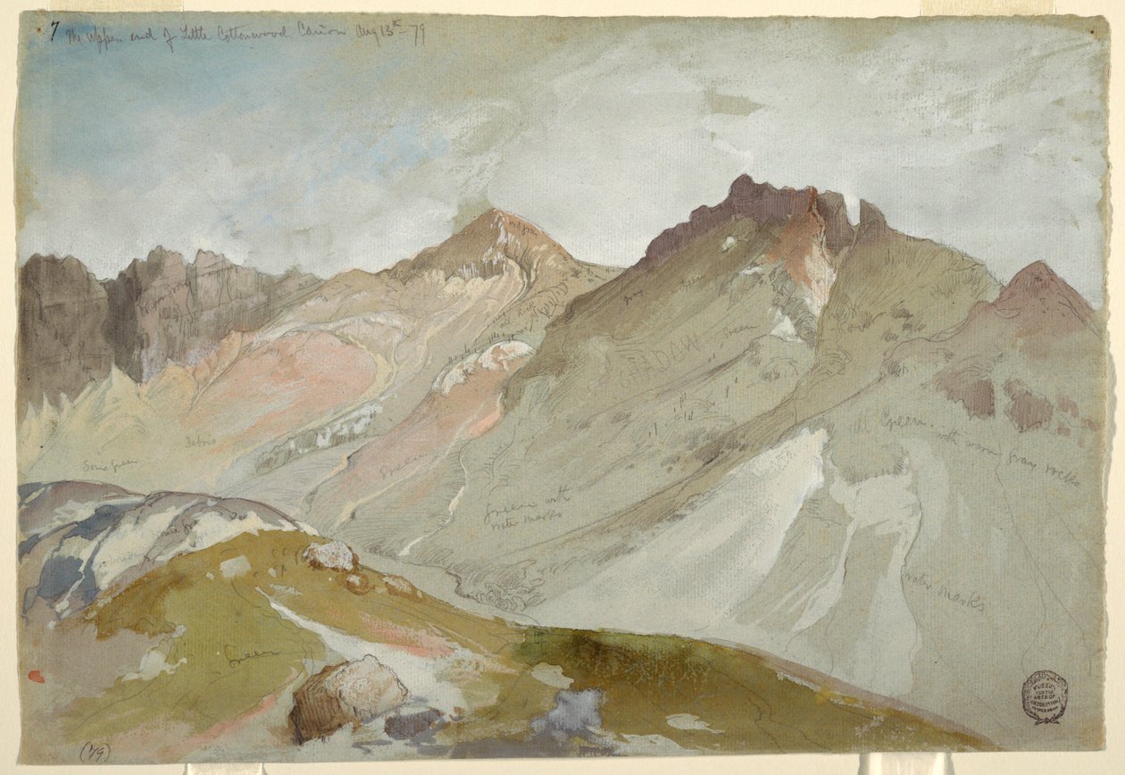 Desenho, The Upper End of Little Cottonwood Canyon, Wasatch Range, perto de Ogden, Utah, 13 de agosto de 1879 de Thomas Moran