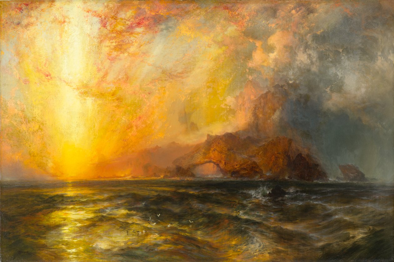 Ferozmente, o sol vermelho descendo, abriu caminho pelos céus, 1875-1876 de Thomas Moran