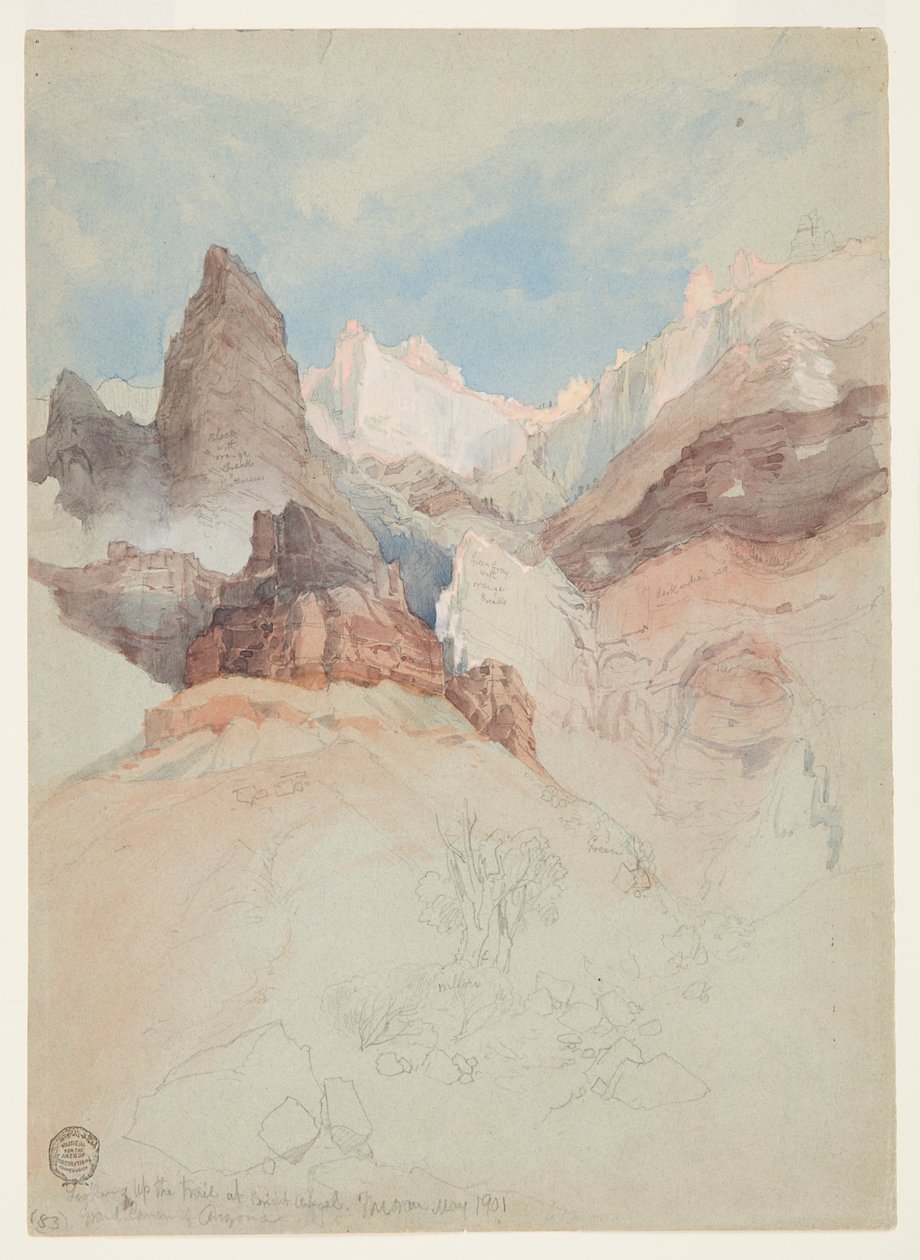 Olhando para a trilha em Bright Angel, Grand Canyon, Arizona de Thomas Moran