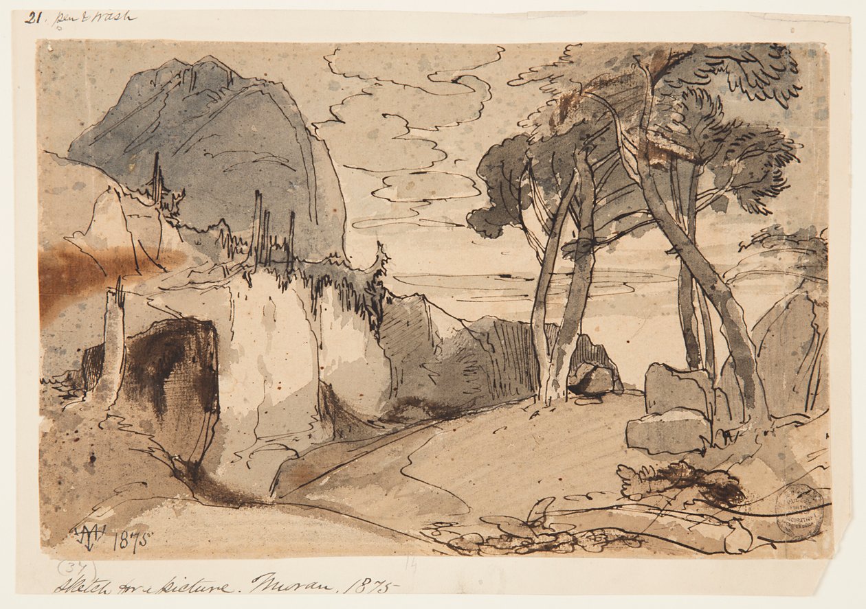 Estrada em uma paisagem de montanha de Thomas Moran