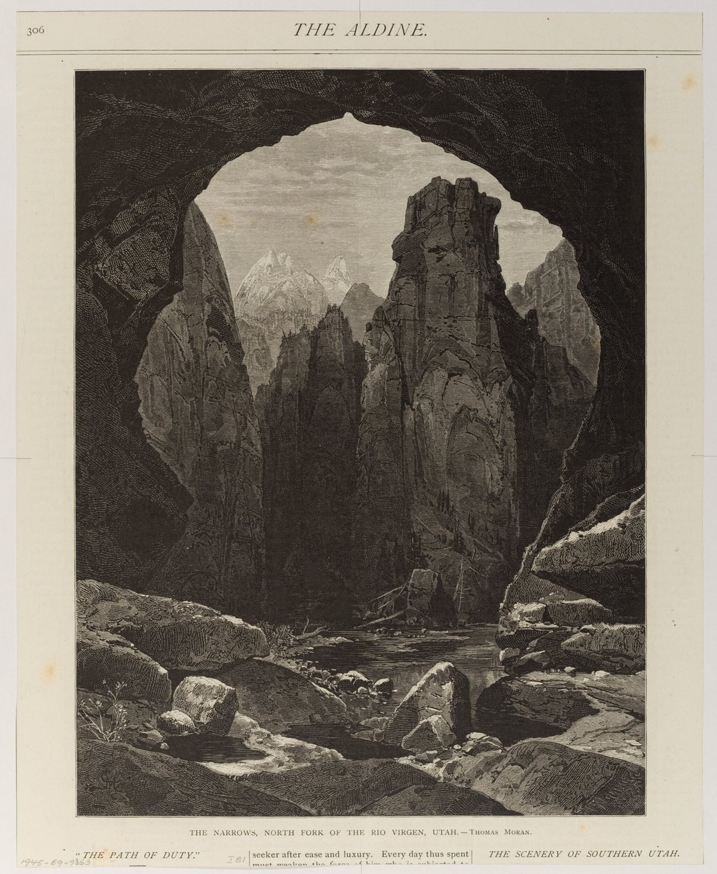 O desfiladeiro, braço norte do Rio Virgen, Utah de Thomas Moran
