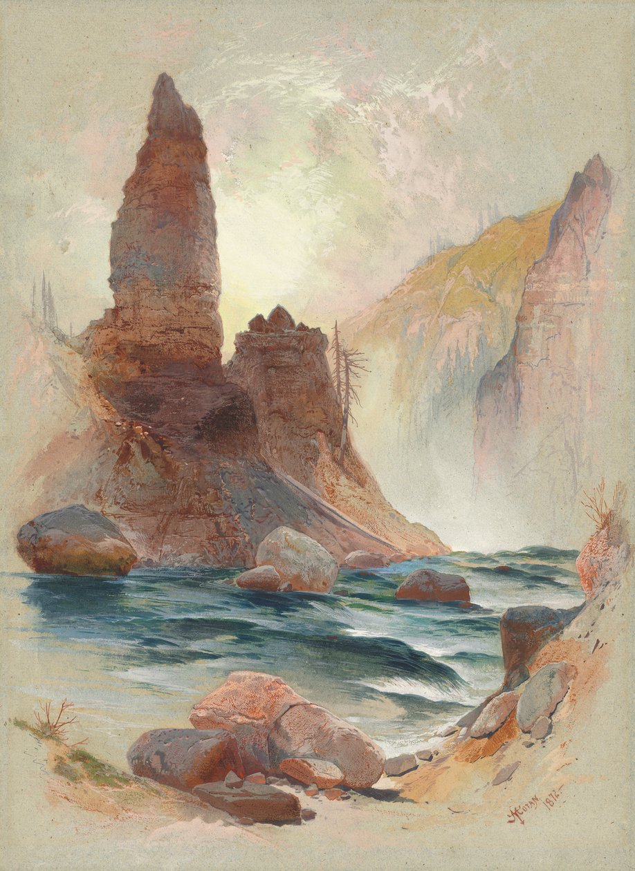 Torre em Tower Falls, Yellowstone, 1872 (aquarela e guache sobre grafite) de Thomas Moran
