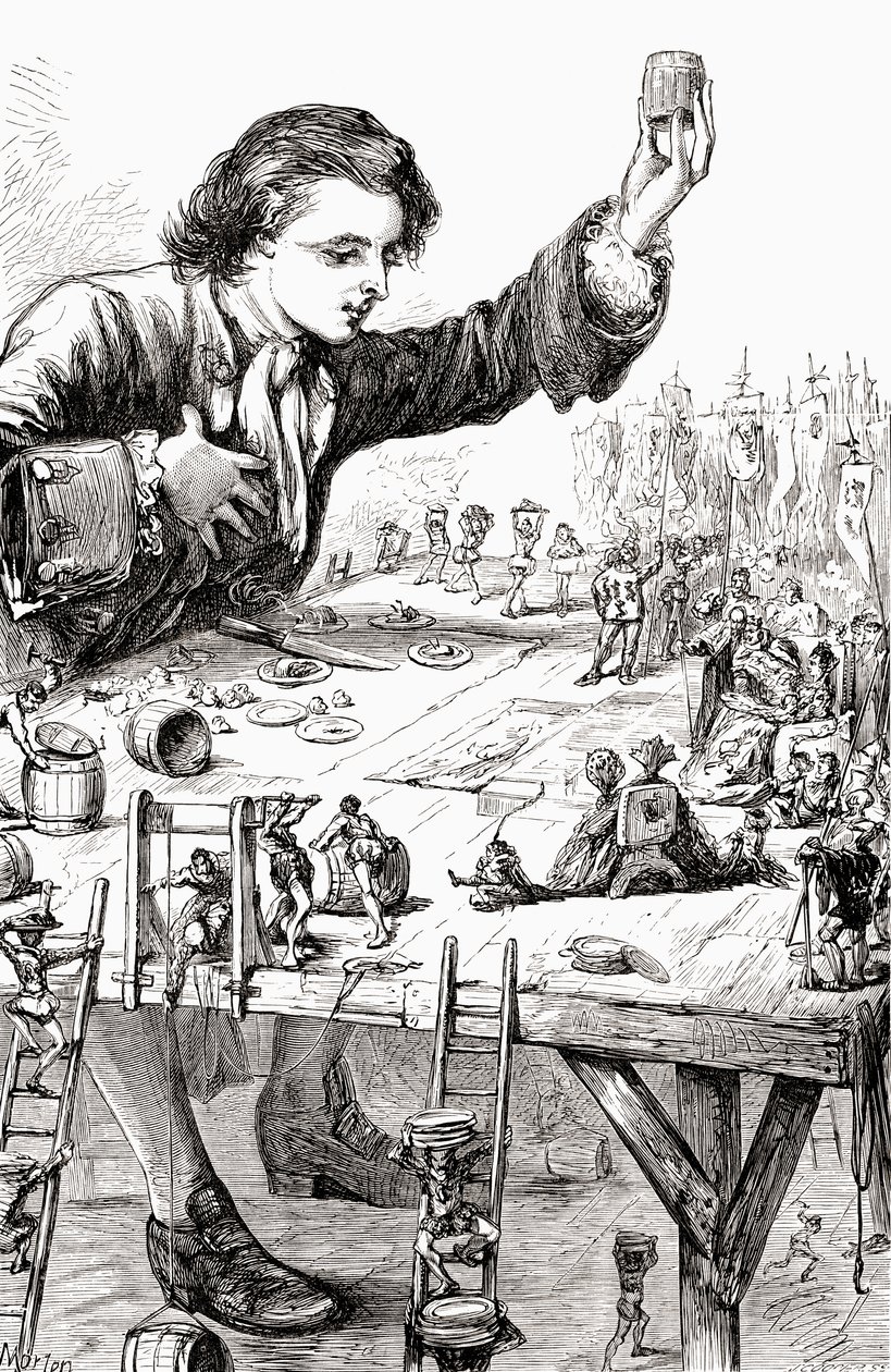 Sua Majestade Imperial desejava que ele e seu consorte real pudessem ter a felicidade de jantar comigo, ilustração de "As Viagens de Gulliver", publicada em 1875. de Thomas Morten