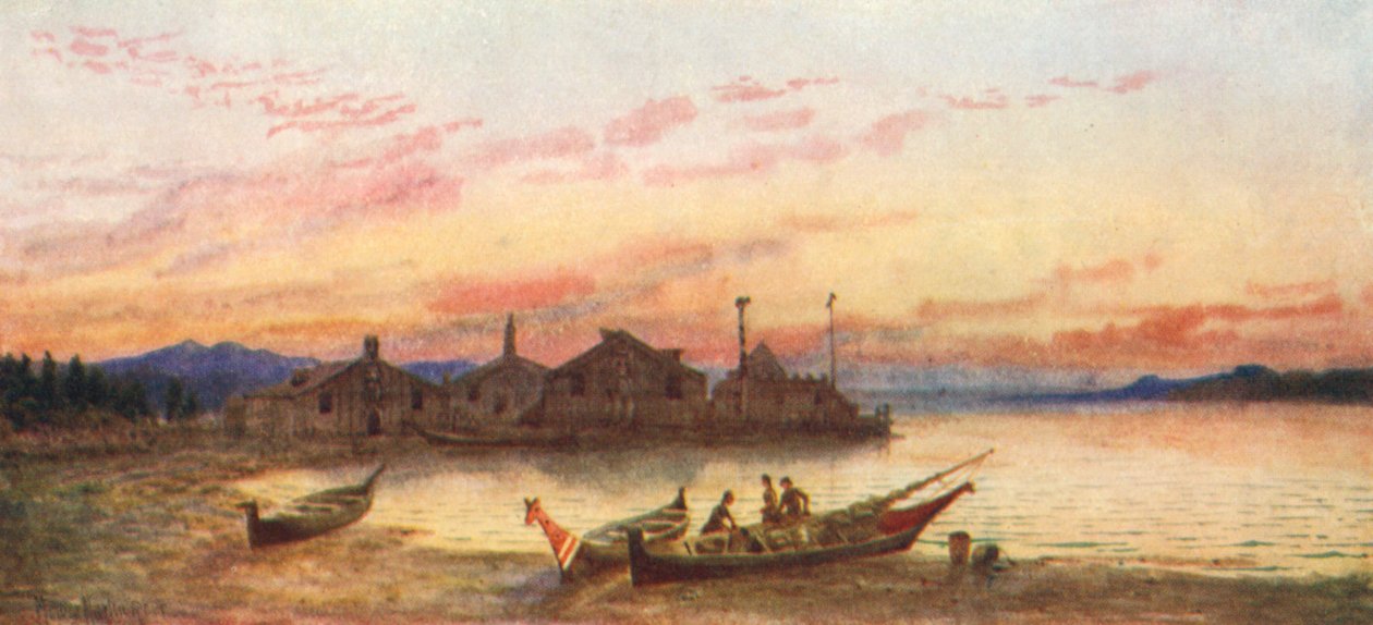Aldeia de Siwash, Costa do Pacífico (litografia a cores) de Thomas Mower Martin
