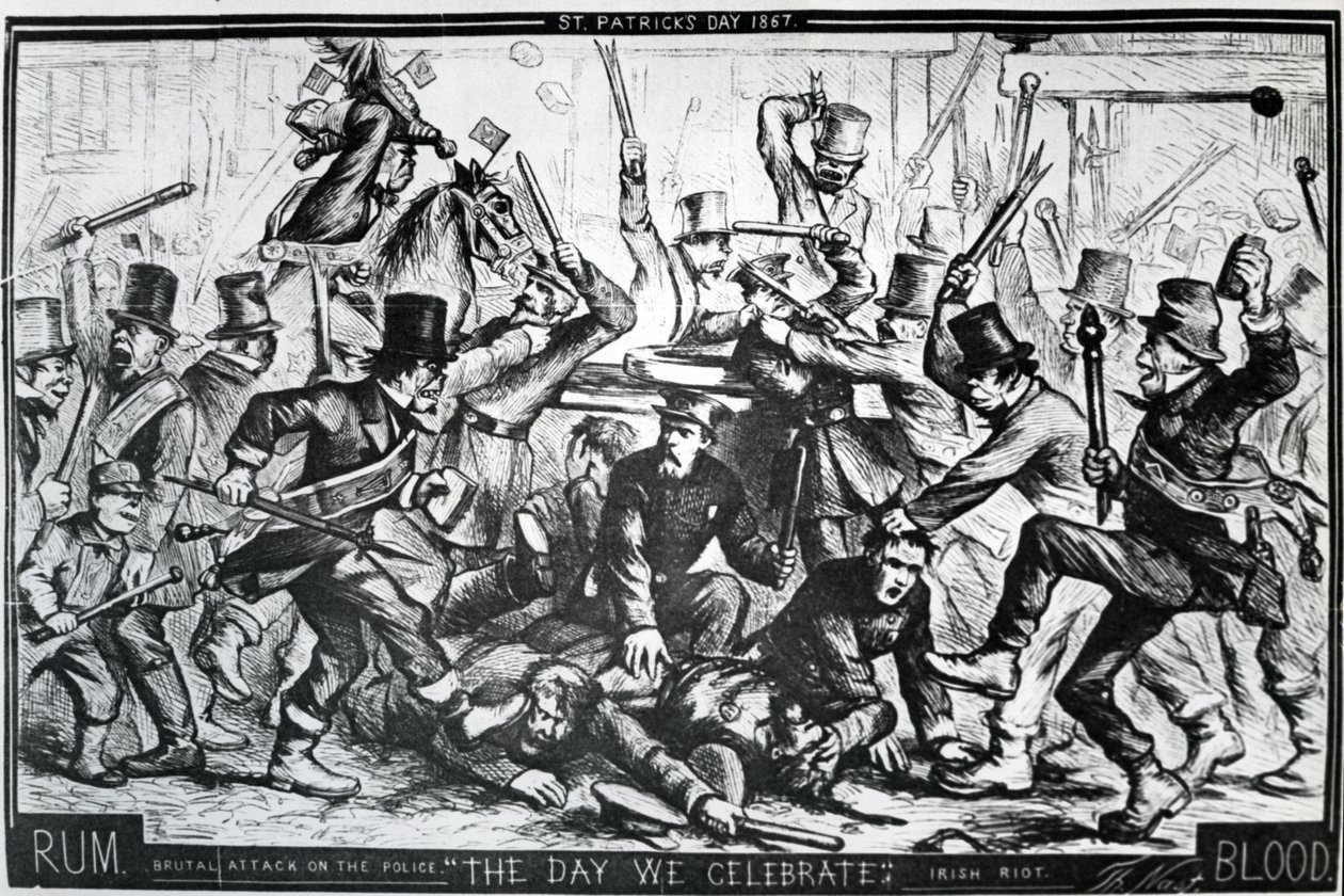 Cartoon retratando os tumultos em Nova York no dia de São Patrício de 1867, publicado em Harper&39;s Weekly, 6 de abril de 1867 (gravura em madeira) de Thomas Nast