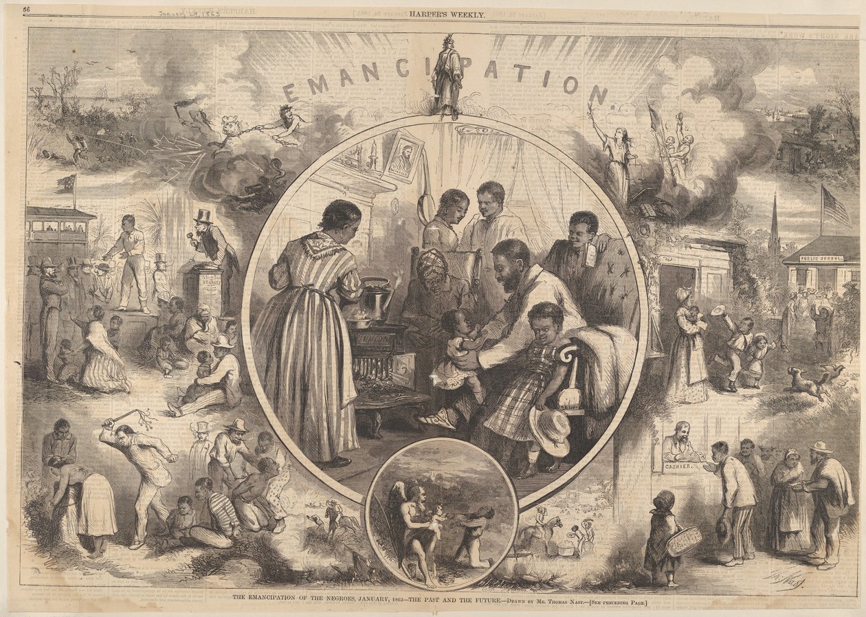 Emancipação do Negro - O Passado e o Futuro da Harpers Weekly, 24 de Janeiro de 1863. de Thomas Nast