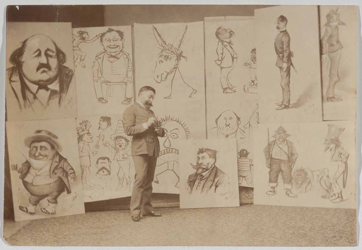 Retrato de corpo inteiro de Thomas Nast com um grupo de caricaturas de Thomas Nast