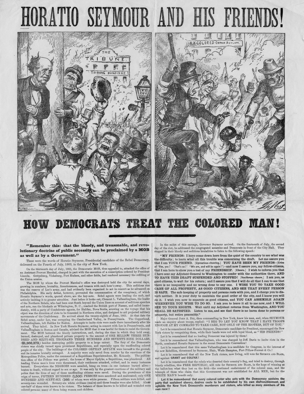 Horatio Seymour e seus amigos! : Como os democratas tratam o homem de cor! : Lembre-se disto: que a doutrina sangrenta, traiçoeira e revolucionária da necessidade pública pode ser proclamada por uma turba como de Thomas Nast