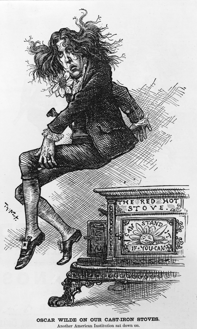 Oscar Wilde em nossos fogões de ferro fundido. Outra instituição americana sentou-se, illlustration de Harpers Weekly, pub. 1882 de Thomas Nast