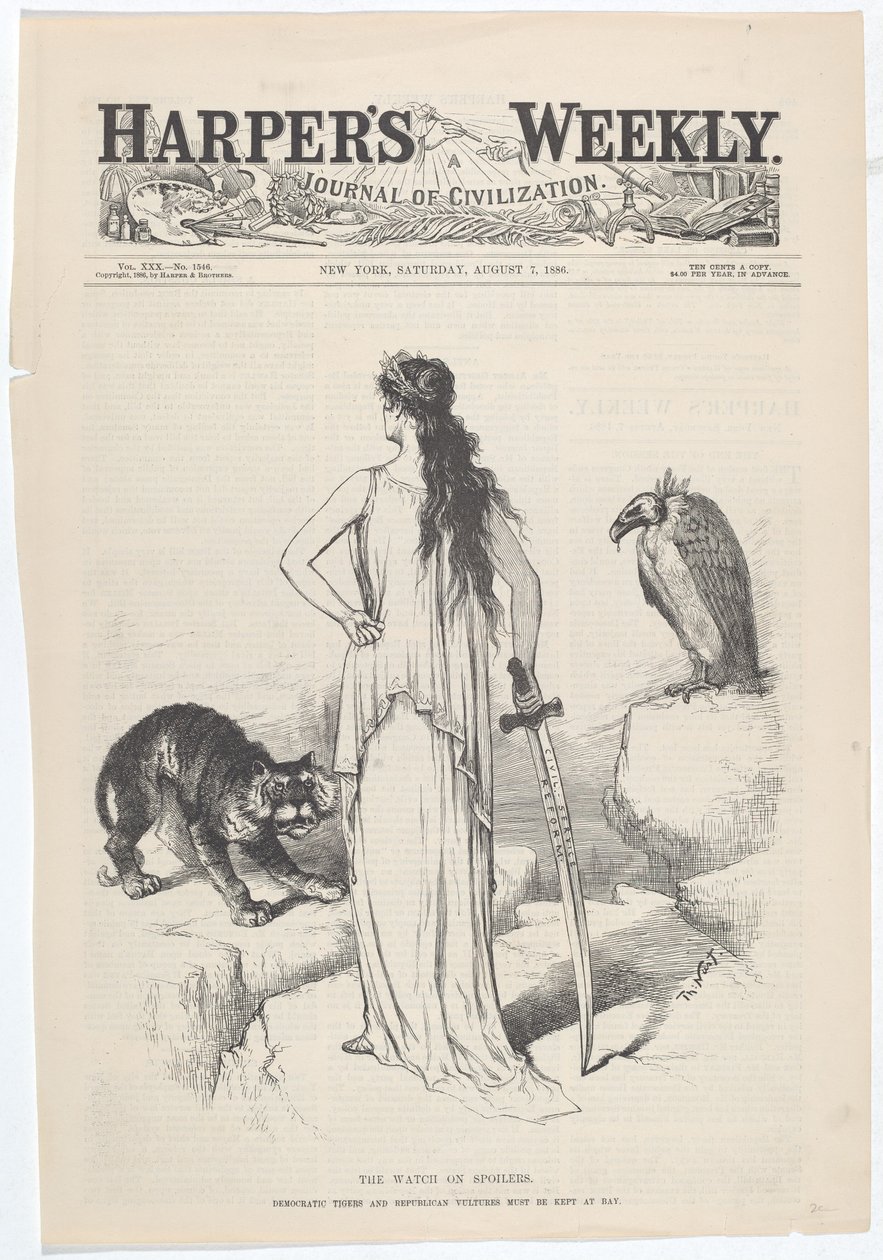 O relógio em spoilers. Os tigres democratas e os abutres republicanos devem ser mantidos na baía. de Thomas Nast