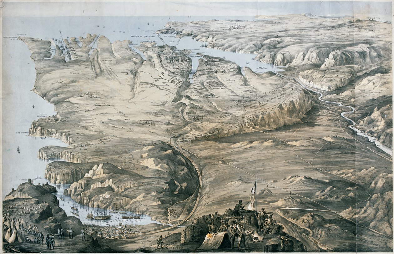 Vista panorâmica da entrincheiramento dos exércitos aliados de Inglaterra e França antes do Sebastopol (litografia, colorido) de Thomas Packer