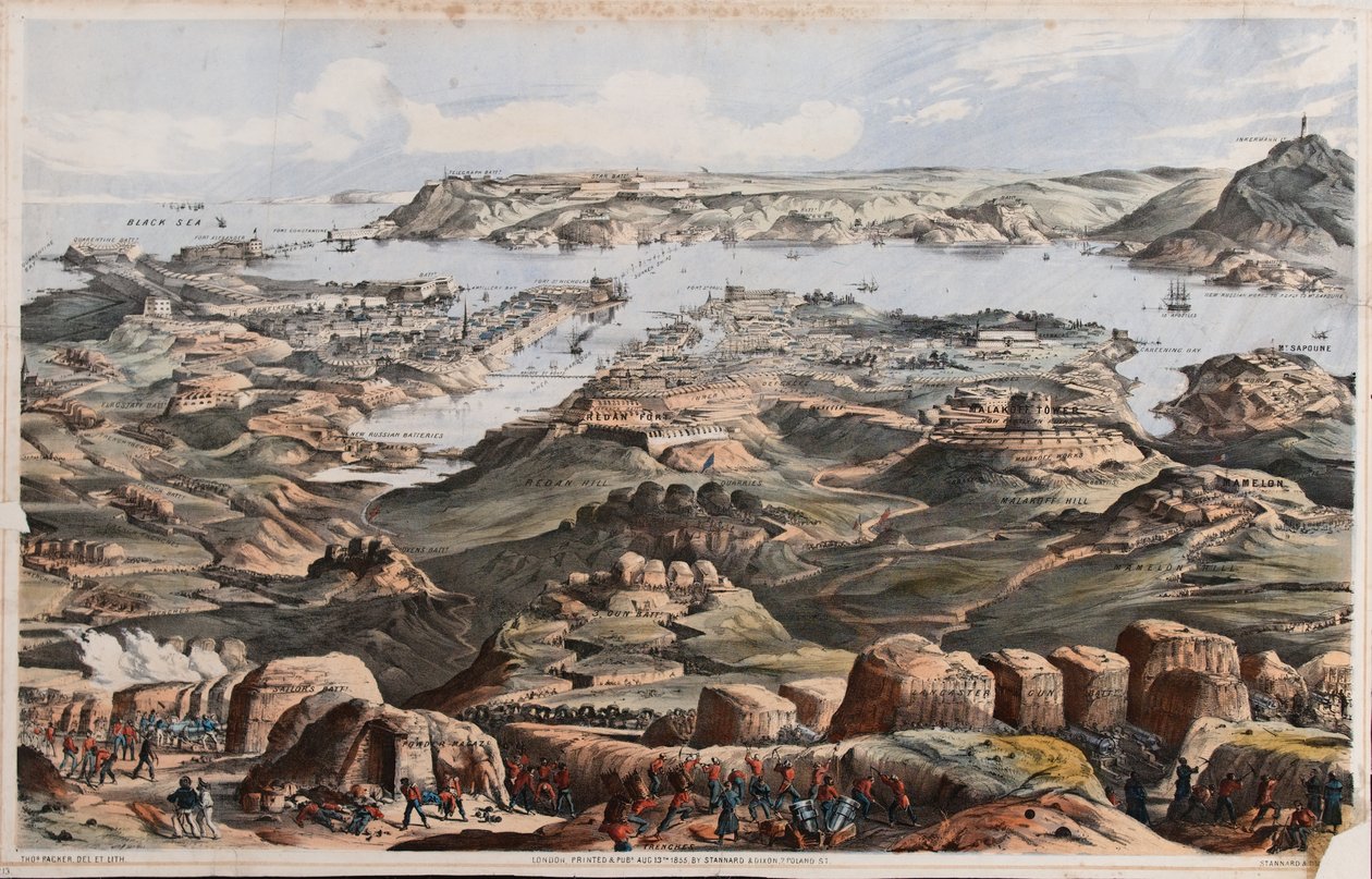 Vista do Sevastopol da fábrica britânica Siegeworks, da bateria de marinheiros e da bateria de Lancaster Gun de Thomas Packer