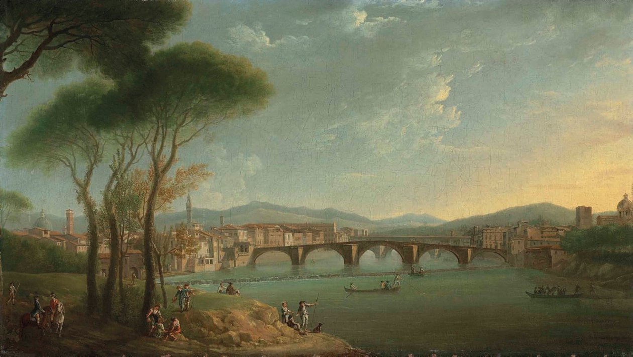 Vista para o Arno, Florença, a partir dos Jardins Cascine, com figuras pescando e descansando nas rochas em primeiro plano, a Ponte alla Carità e a Ponte Vecchio além de Thomas Patch