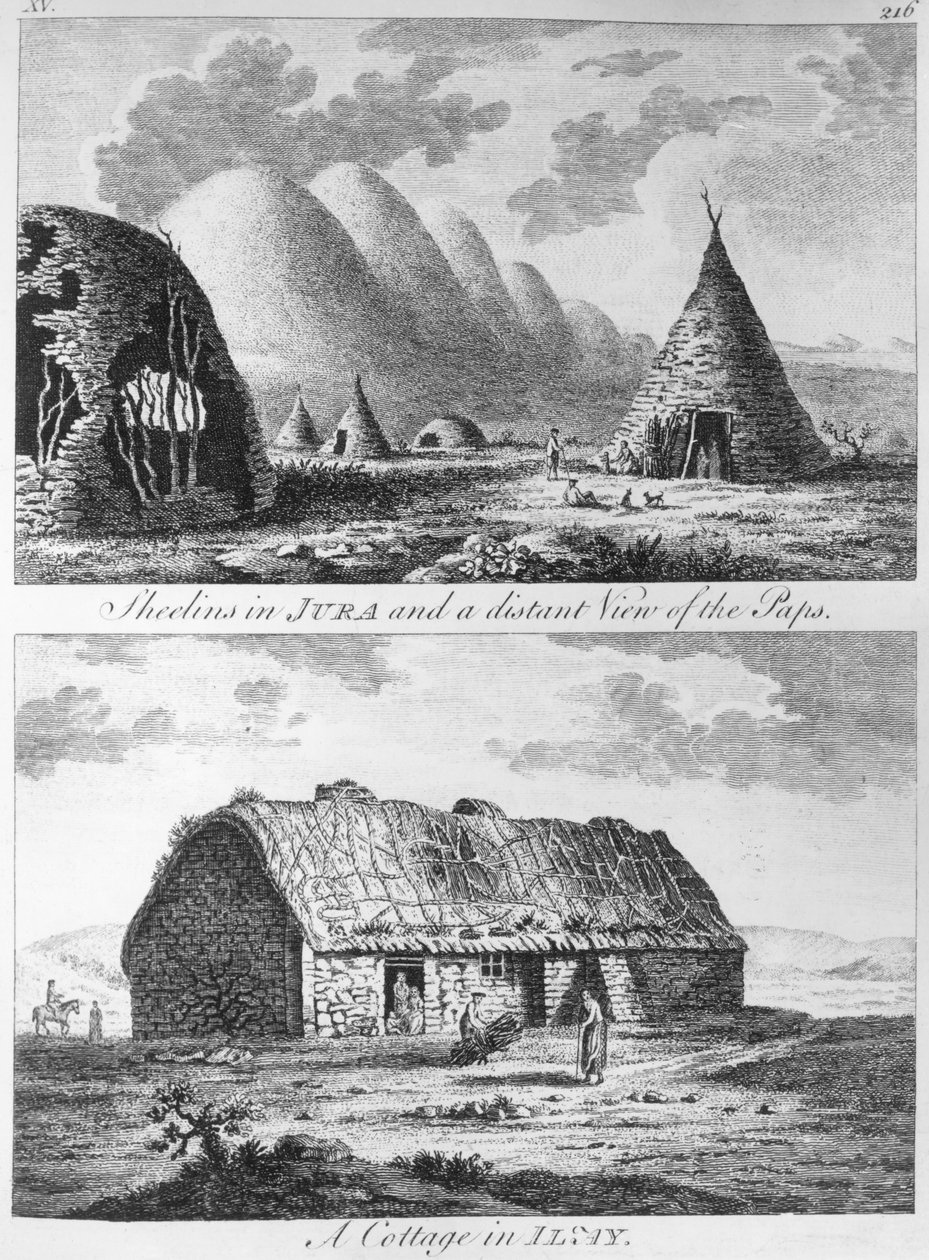 Os sheelins no Jura e uma visão distante dos Paps e A Cottage of Islay, de &39;A Tour in Scotland, e a viagem para as Hébridas&39; 1772 de Thomas Pennant