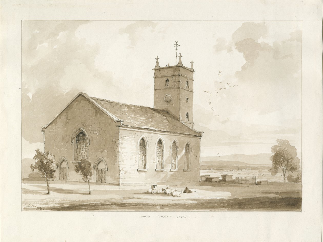 (Inferior) Igreja Gornal: desenho em sépia de Thomas Peploe Wood