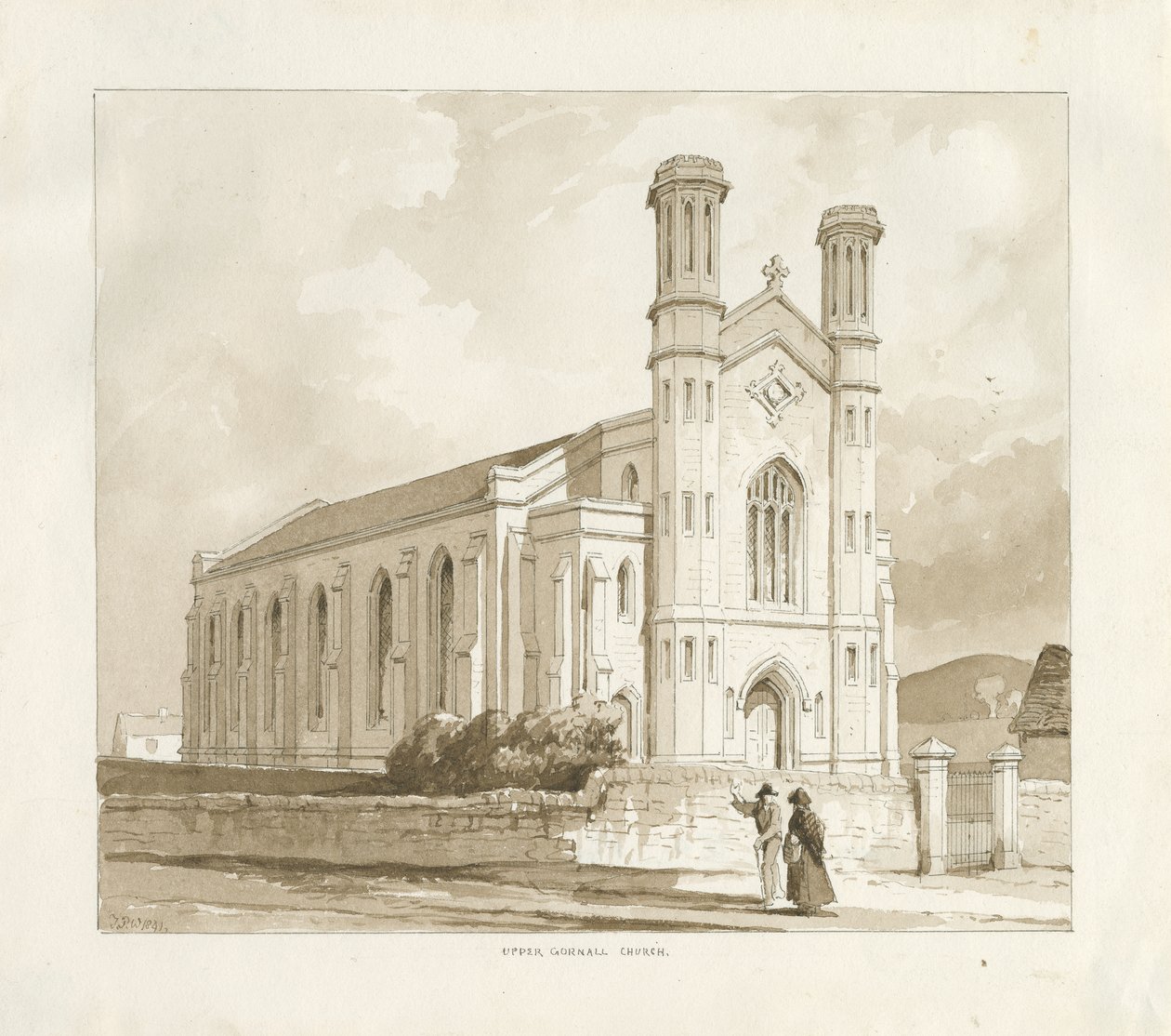 (Superior) Igreja Gornal: desenho em sépia de Thomas Peploe Wood