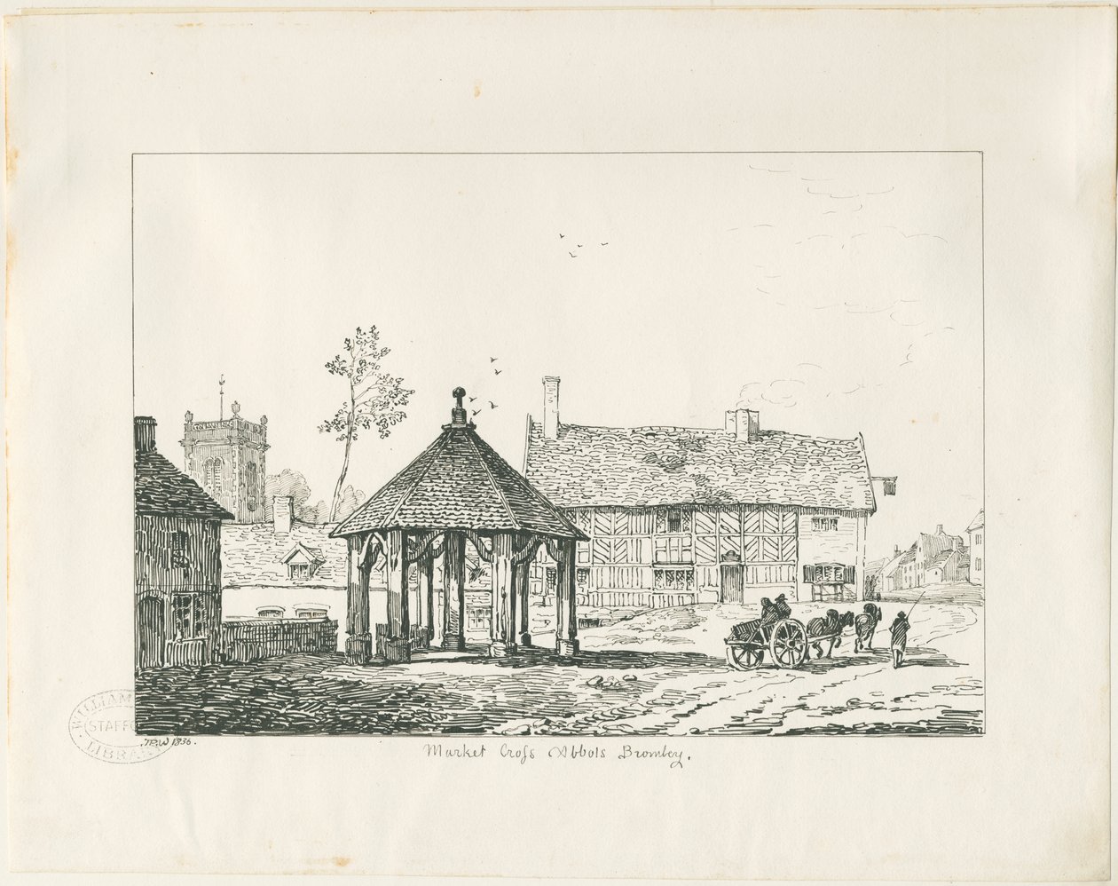 Abades Bromley - Tudor Market Cross and House: desenho a bico de pena de Thomas Peploe Wood