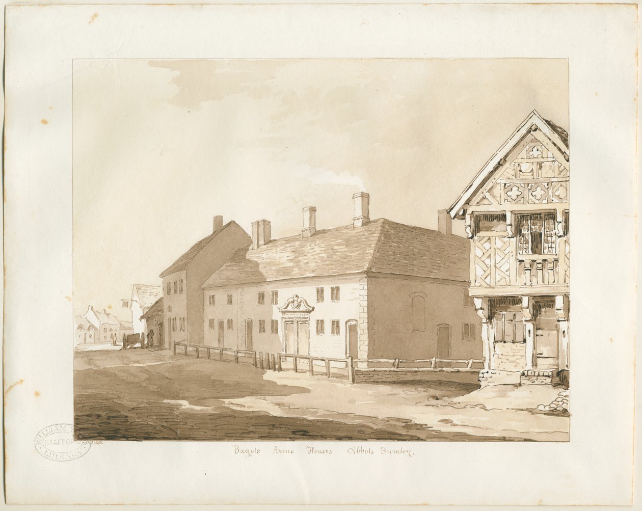 Abbots Bromley Almshouses: desenho em sépia de Thomas Peploe Wood