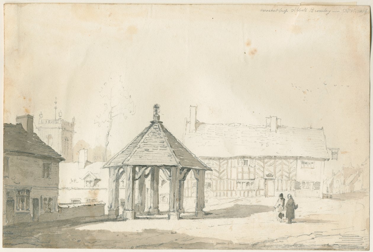 Abades Bromley Tudor - Market Cross and House: desenho a lápis e lavagem de Thomas Peploe Wood