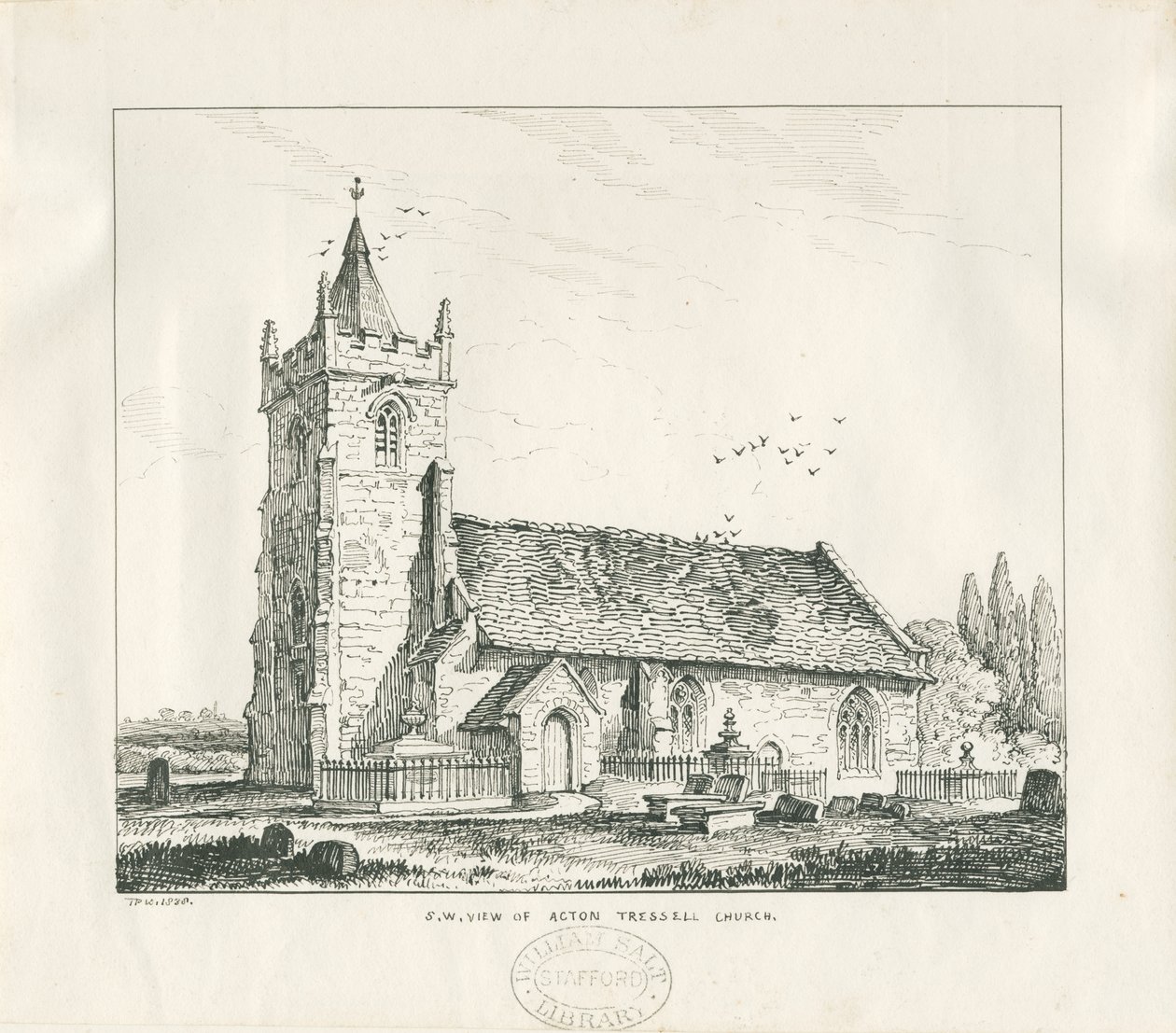 Igreja Acton Trussell: desenho a bico de pena, 1838 de Thomas Peploe Wood