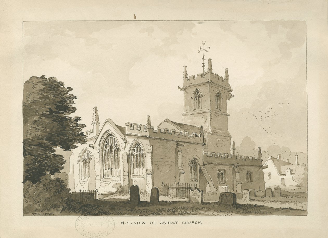 Igreja de Ashley: desenho em sépia, 1838 de Thomas Peploe Wood