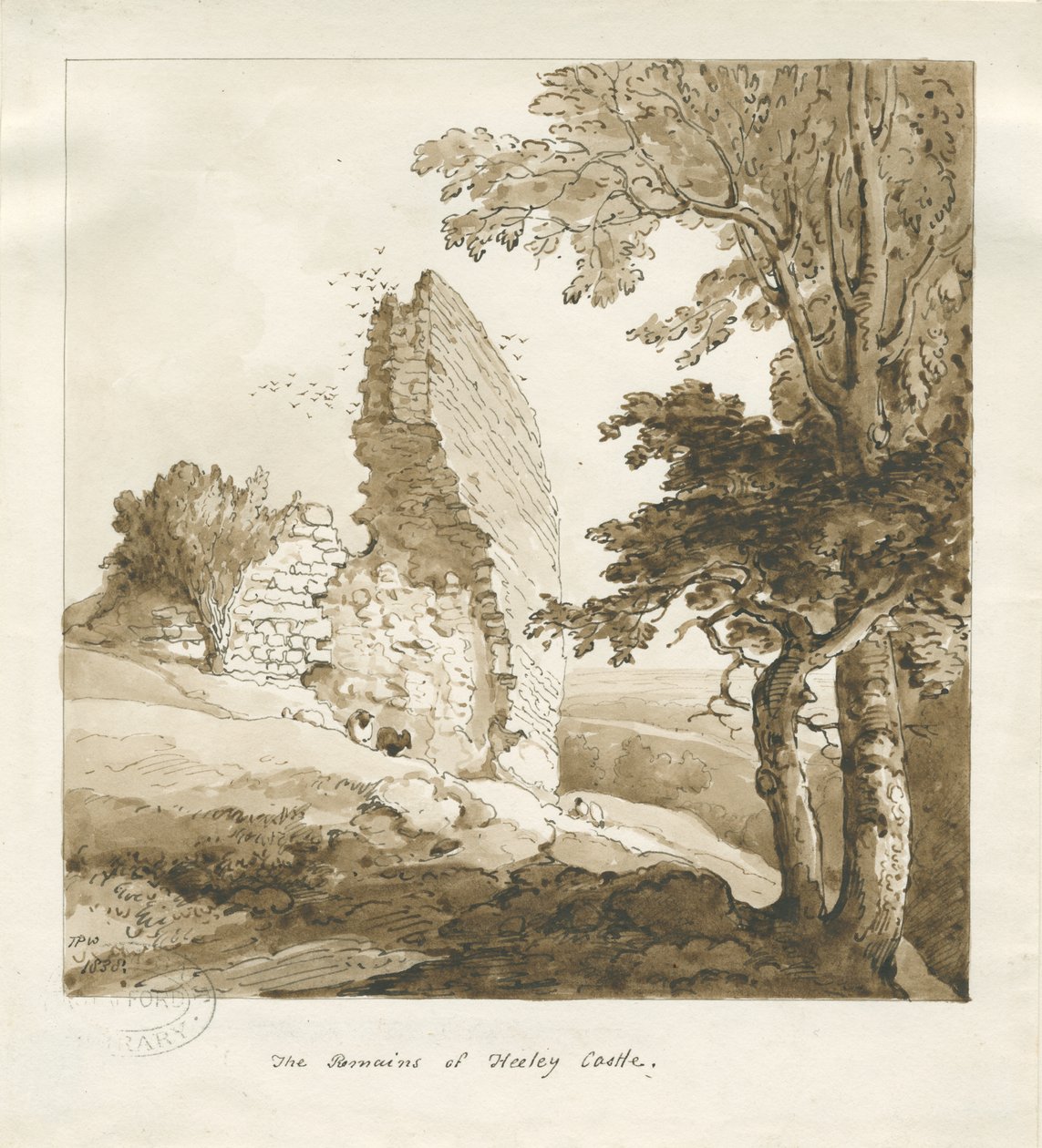 Audley - Castelo de Heeley: desenho em sépia de Thomas Peploe Wood