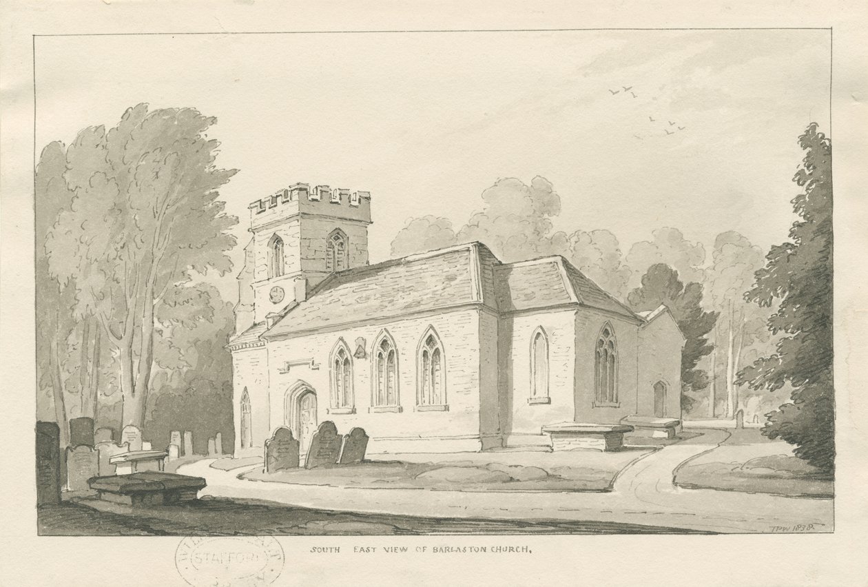 Igreja de Barlaston: desenho de caneta e lavagem, 1838 de Thomas Peploe Wood