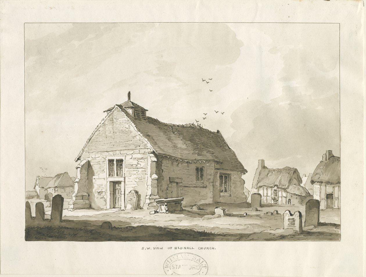 Igreja de Bednall: desenho em sépia, nd [ 1838] de Thomas Peploe Wood