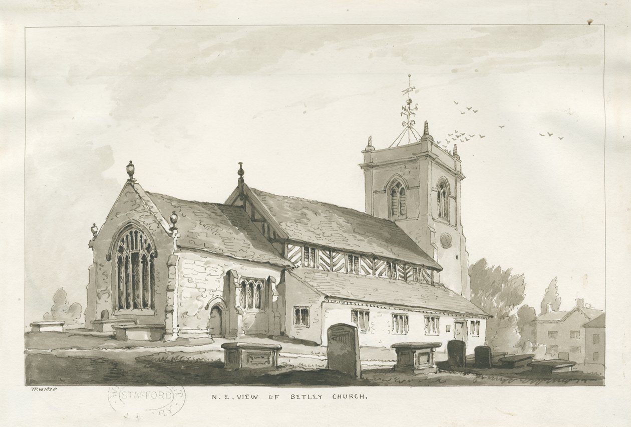 Igreja de Betley: desenho em sépia, 1838 de Thomas Peploe Wood