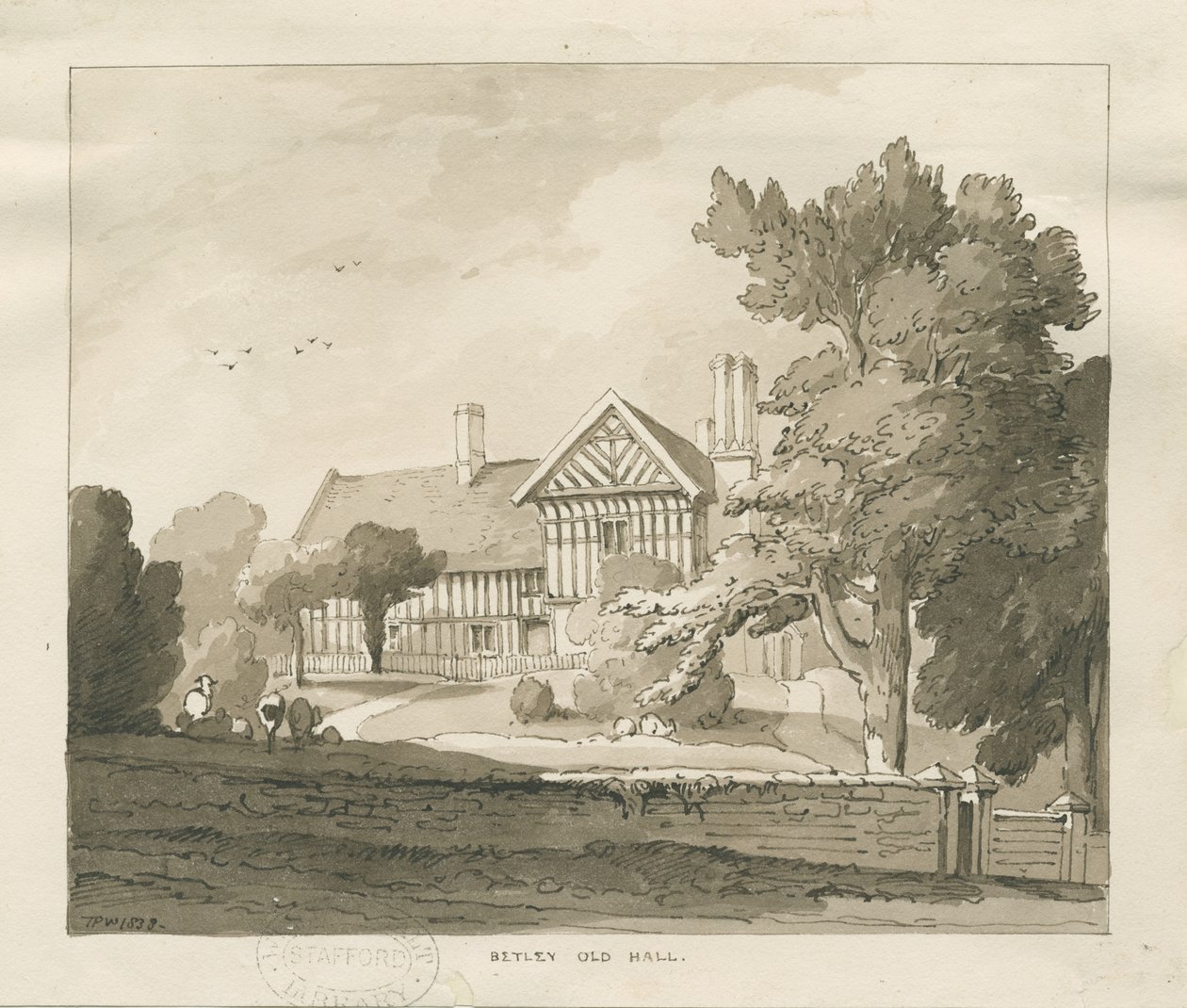 Betley Old Hall: desenho em sépia, 1838 de Thomas Peploe Wood