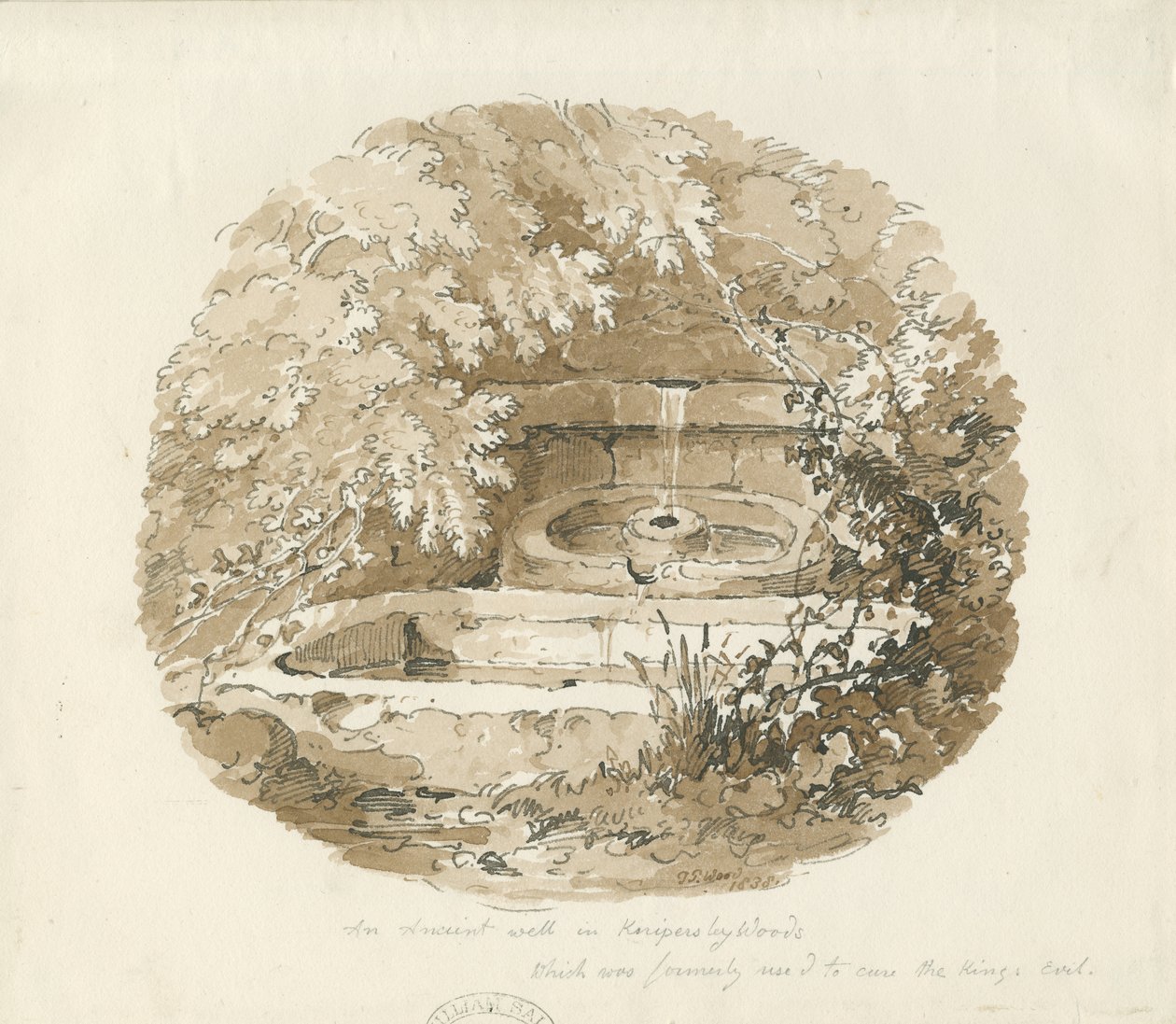 Biddulph - Antigo Poço em Knypersley Woods: desenho em sépia de Thomas Peploe Wood