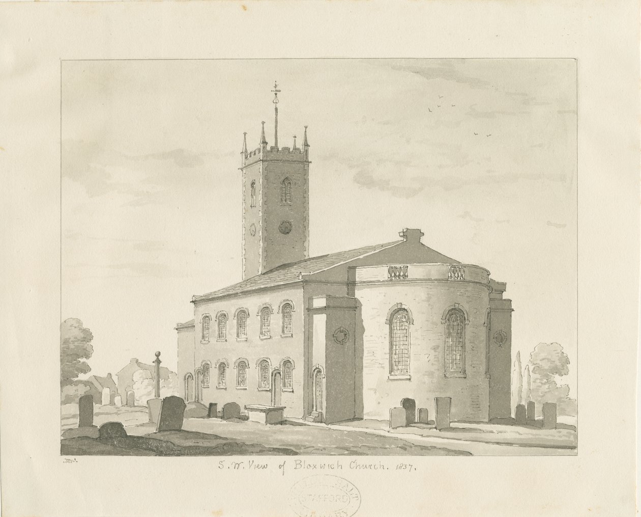 Igreja de Bloxwich: desenho em sépia, 1837 de Thomas Peploe Wood