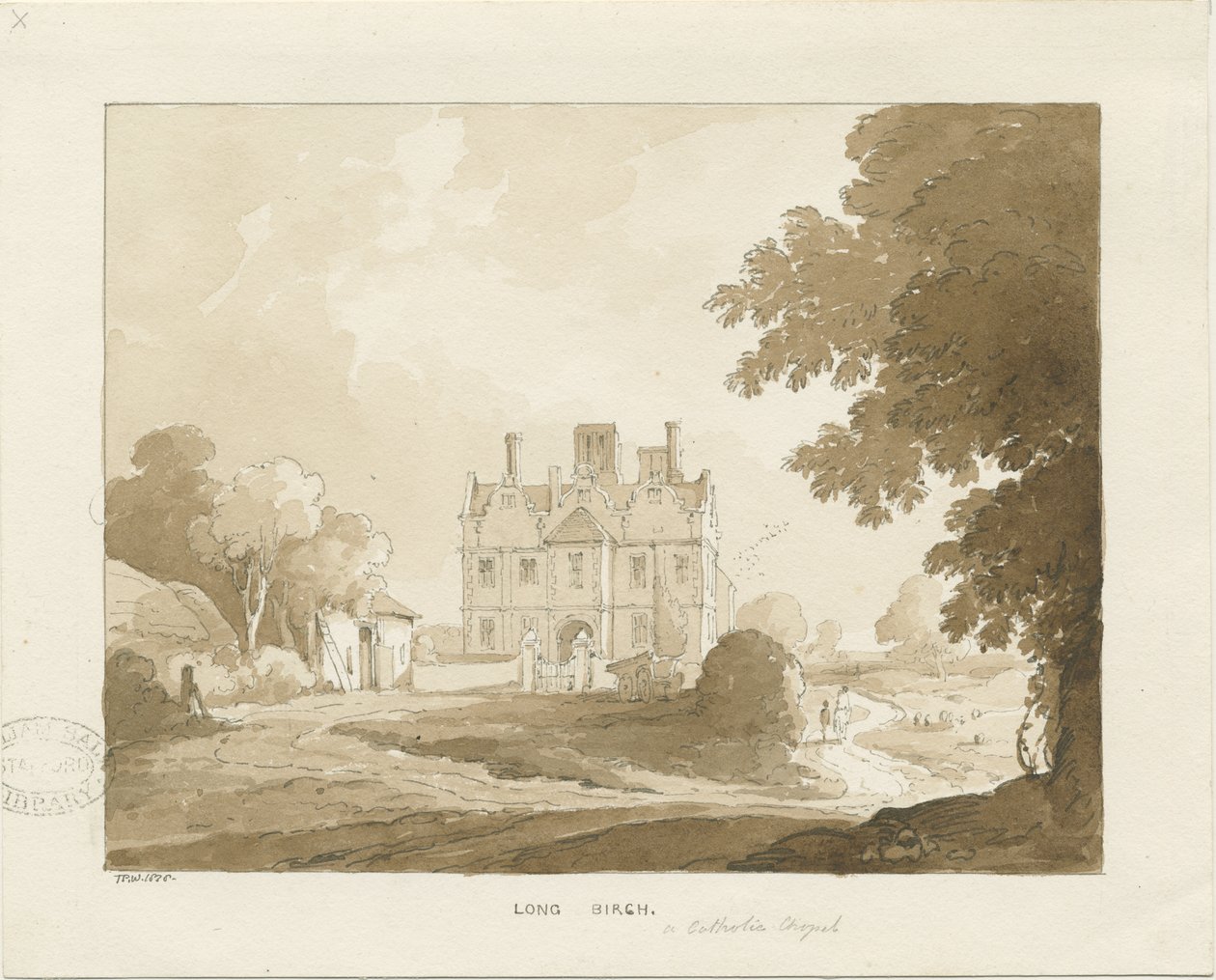 Brewood - Long Birch Hall: desenho em sépia, 1838 de Thomas Peploe Wood