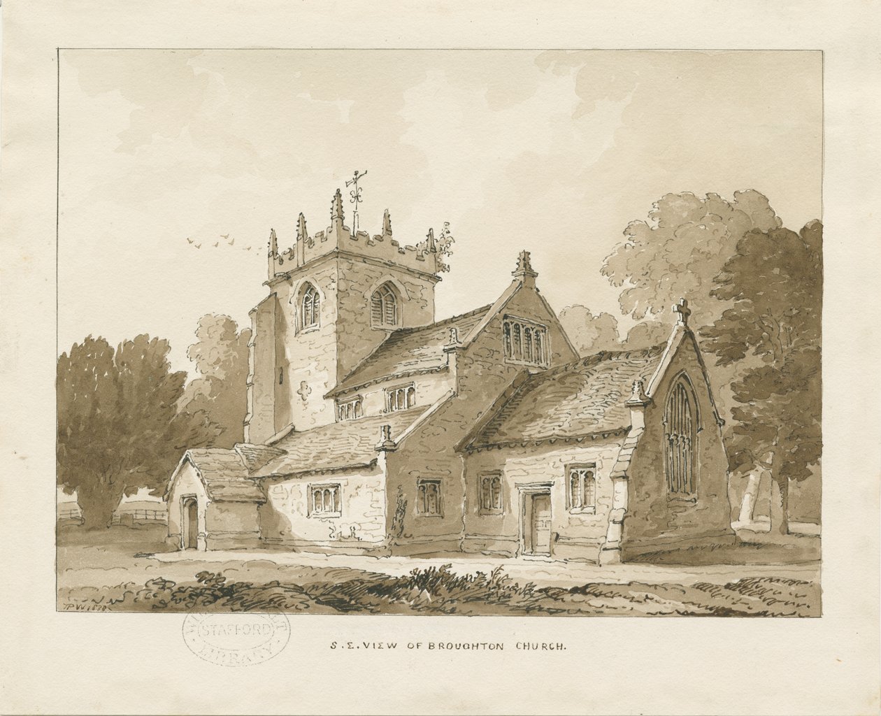 Igreja de Broughton: desenho em sépia, 1838 de Thomas Peploe Wood