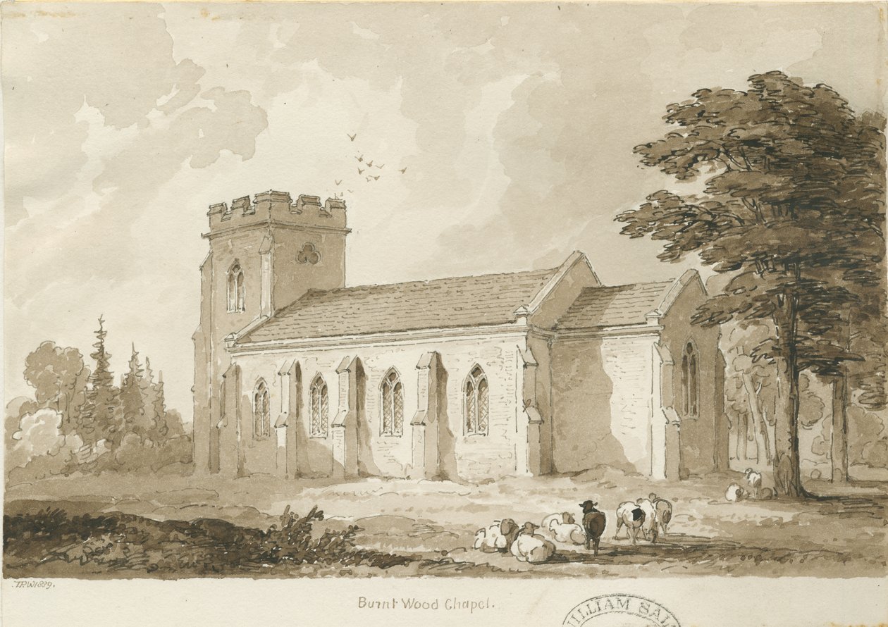 Burntwood - Christ Church: desenho em sépia de Thomas Peploe Wood