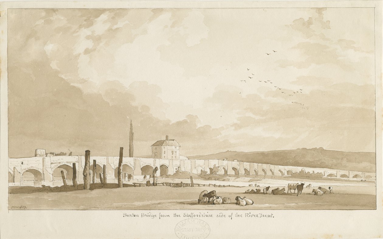 Ponte e cidade de Burton-upon-Trent: desenho em sépia, 1837 de Thomas Peploe Wood