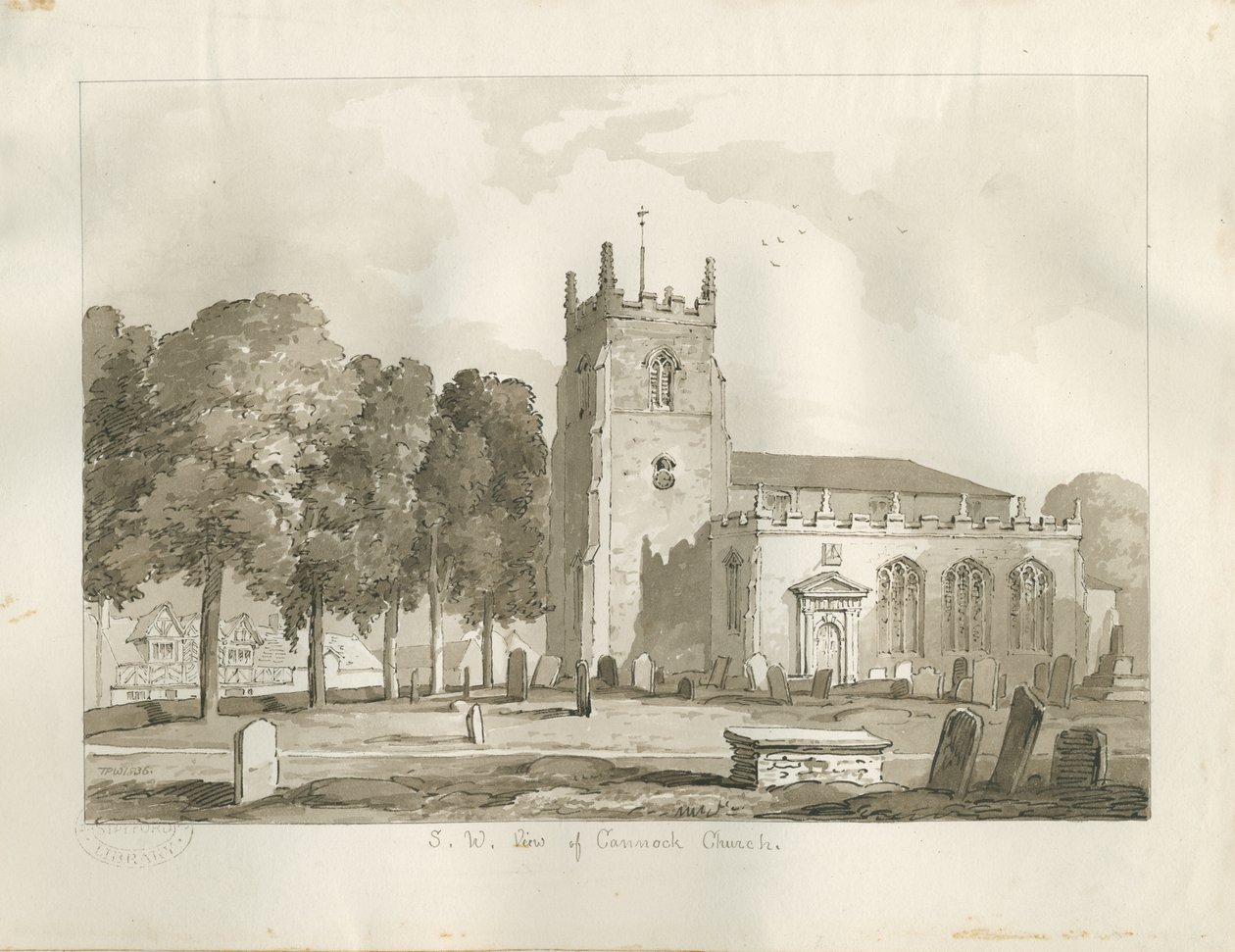 Igreja Cannock: desenho sépia de Thomas Peploe Wood