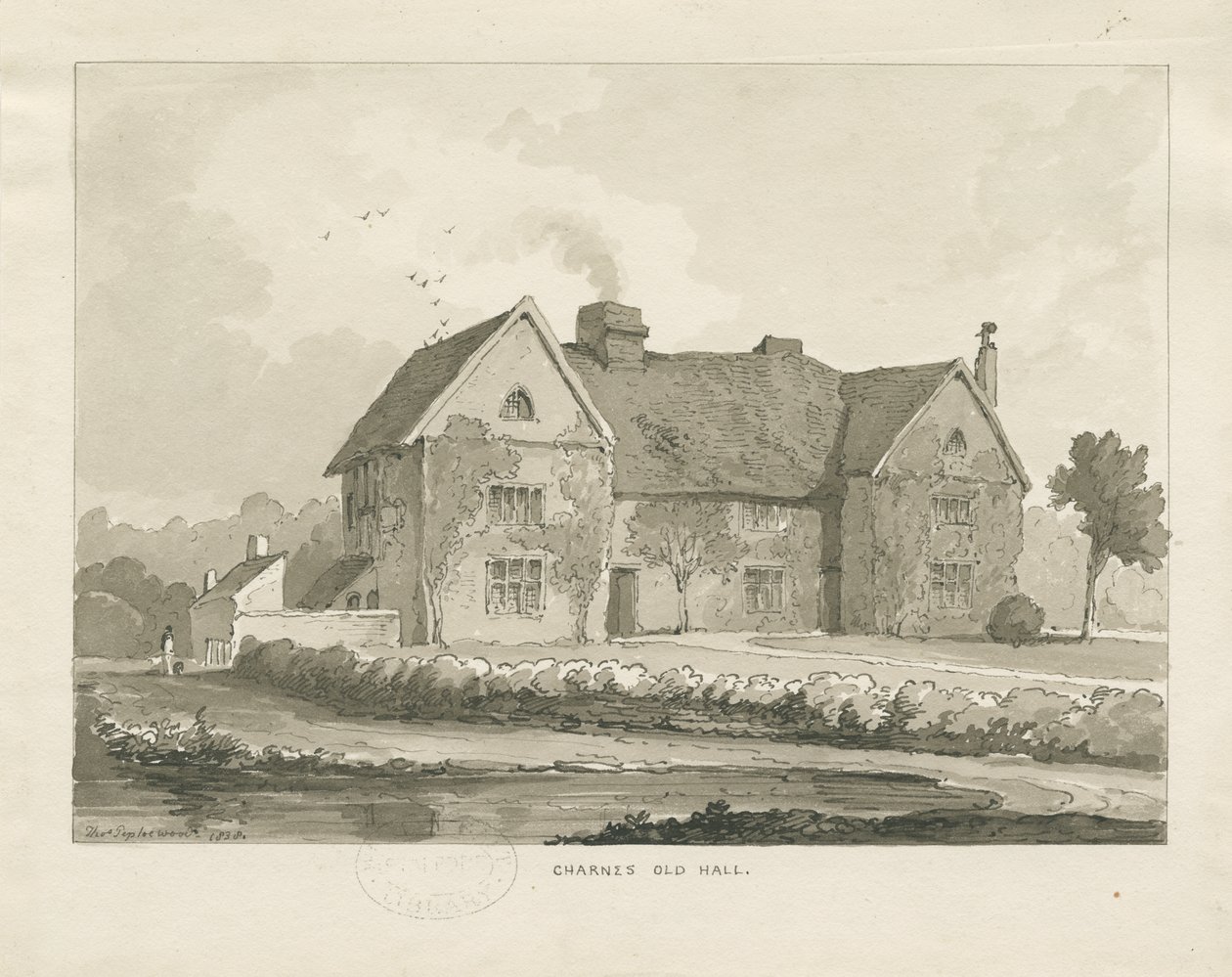 Charnes Hall: desenho sépia de Thomas Peploe Wood